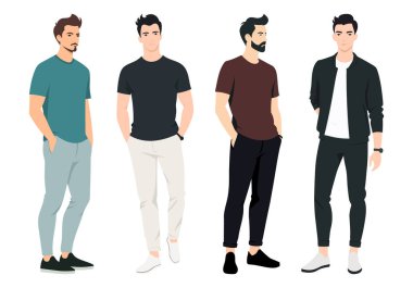 Çeşitli Erkek Giysileri Seti. Set, giyim markaları, çevrimiçi dükkanlar ve stil rehberleri için ilham vererek çağdaş erkeklerin moda tercihlerini ön plana çıkarıyor..