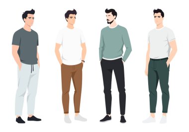 Çeşitli Erkek Giysileri Seti. Set, giyim markaları, çevrimiçi dükkanlar ve stil rehberleri için ilham vererek çağdaş erkeklerin moda tercihlerini ön plana çıkarıyor..