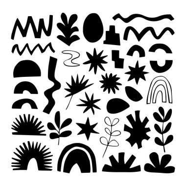 Siyah ve Beyaz Organik Doğa Elementleri Vektörü. Kusursuz kalıplar, arka planlar ve yaratıcı kompozisyonlar için ideal..