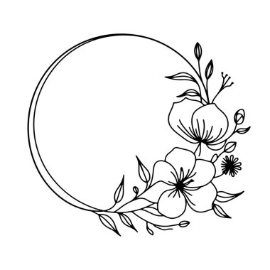 Çiçek açan aksanlı minimalist çiçek yuvarlak çerçeve. Bu hassas kompozisyon markalaşma, düğün davetiyeleri, kırtasiye malzemeleri ve şık dekoratif tasarımlar için mükemmel..