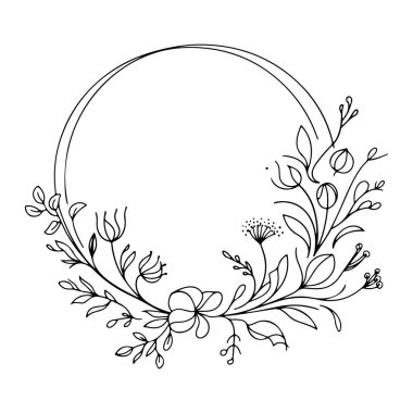 Detaylı Botanik Elementleriyle Çiçek Yuvarlak Çerçevesi. Bu düzenleme çiçekleri ve narin yaprakları içeriyor, düğün davetiyeleri, damgalama, tebrik kartları ve dekoratif için mükemmel hale getiriyor.