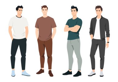 Çeşitli Erkek Giysileri Seti. Set, giyim markaları, çevrimiçi dükkanlar ve stil rehberleri için ilham vererek çağdaş erkeklerin moda tercihlerini ön plana çıkarıyor..