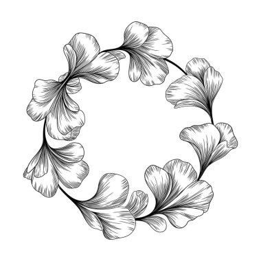 Detaylı el çizimleri ve yaprakları olan bir çiçek çelengi botanik tarzında, logolar, davetiyeler ve dekoratif sanat eserleri için ideal..