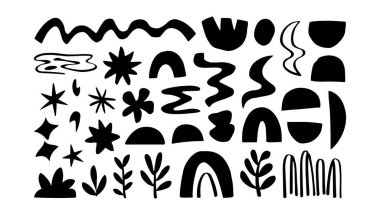 Gökkuşağı, yaprak, dalga ve güneş gibi el çizimleri içeren, dikdörtgen bir düzende düzenlenmiş, oyuncu simetri içeren soyut bir doğa kolajı..
