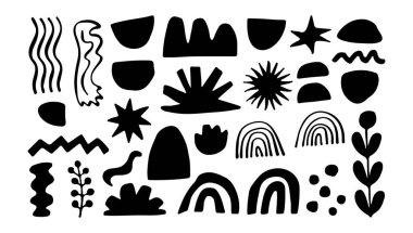 Gökkuşağı, yaprak, dalga ve güneş gibi el çizimleri içeren, dikdörtgen bir düzende düzenlenmiş, oyuncu simetri içeren soyut bir doğa kolajı..