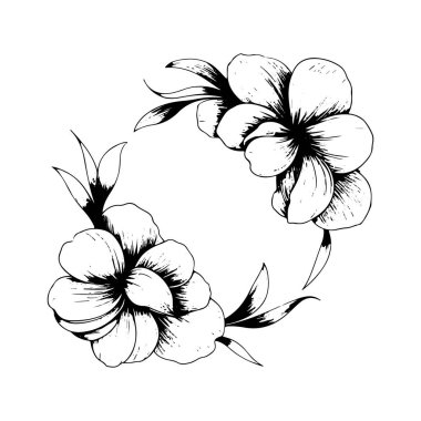 Detaylı el çizimleri ve yaprakları olan bir çiçek çelengi botanik tarzında, logolar, davetiyeler ve dekoratif sanat eserleri için ideal..