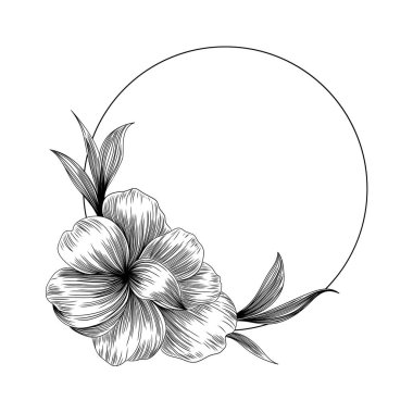 El çizimi bir çiçek ve yapraklı dairesel bir çerçeve, davetiyeler, markalar veya dekoratif tasarımlar için zarafet ve lezzeti birleştirir..