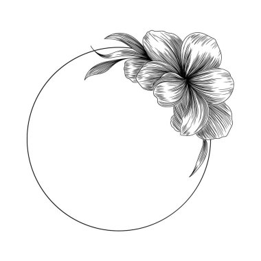 El çizimi bir çiçek ve yapraklı dairesel bir çerçeve, davetiyeler, markalar veya dekoratif tasarımlar için zarafet ve lezzeti birleştirir..