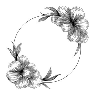 El çizimi bir çiçek ve yapraklı dairesel bir çerçeve, davetiyeler, markalar veya dekoratif tasarımlar için zarafet ve lezzeti birleştirir..