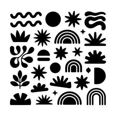 Yıldızlar, yapraklar ve kemerler gibi elle çizilmiş organik sembollerden oluşan kare bir boho soyut kolajı, tuhaf denge ve dünyevi tarzda düzenlenmiştir..