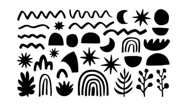 Gökkuşağı, yaprak, dalga ve güneş gibi el çizimleri içeren, dikdörtgen bir düzende düzenlenmiş, oyuncu simetri içeren soyut bir doğa kolajı..