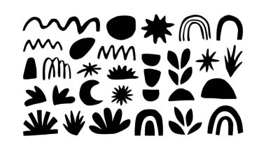 Gökkuşağı, yaprak, dalga ve güneş gibi el çizimleri içeren, dikdörtgen bir düzende düzenlenmiş, oyuncu simetri içeren soyut bir doğa kolajı..