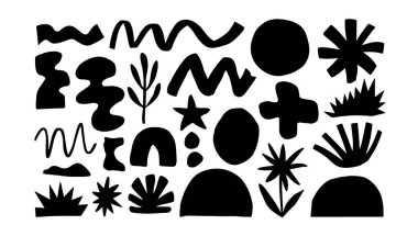 Gökkuşağı, yaprak, dalga ve güneş gibi el çizimleri içeren, dikdörtgen bir düzende düzenlenmiş, oyuncu simetri içeren soyut bir doğa kolajı..