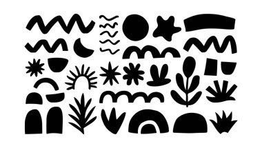 Gökkuşağı, yaprak, dalga ve güneş gibi el çizimleri içeren, dikdörtgen bir düzende düzenlenmiş, oyuncu simetri içeren soyut bir doğa kolajı..