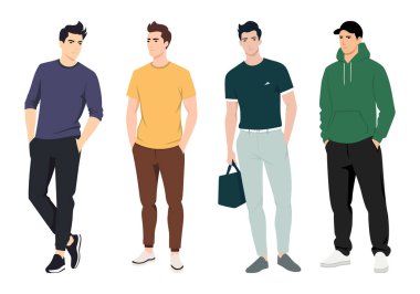 Tarz sahibi Erkek Kıyafeti Varyasyonları. Bu koleksiyon, pazarlama, tasarım projeleri ve moda içeriğinde kullanılmak için ideal hale getiren modern moda eğilimlerini temsil etmektedir..