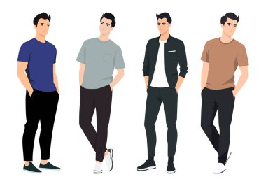 Tarz sahibi Erkek Kıyafeti Varyasyonları. Bu koleksiyon, pazarlama, tasarım projeleri ve moda içeriğinde kullanılmak için ideal hale getiren modern moda eğilimlerini temsil etmektedir..