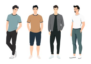 Moda Adamları Moda Seti. İllüstrasyonda çeşitli kıyafet kombinasyonları sergilenerek moda tasarımı, markalaşma ve pazarlama projeleri için mükemmel hale getiriliyor..