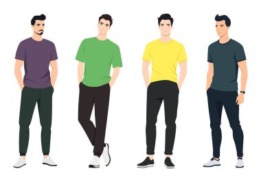 Moda Adamları Moda Seti. İllüstrasyonda çeşitli kıyafet kombinasyonları sergilenerek moda tasarımı, markalaşma ve pazarlama projeleri için mükemmel hale getiriliyor..