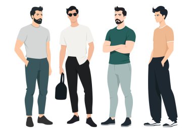 Moda Adamları Moda Seti. İllüstrasyonda çeşitli kıyafet kombinasyonları sergilenerek moda tasarımı, markalaşma ve pazarlama projeleri için mükemmel hale getiriliyor..
