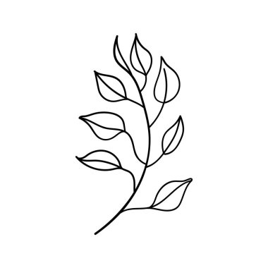Zarif monokrom çizgisi sanatında stilize edilmiş yaprak sapı, temiz, modern kompozisyonlar, ambalaj veya kırtasiye için mükemmel..