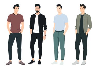 Farklı Kıyafetlerdeki Tarz Adamları. Bu koleksiyon modern moda seçimlerini temsil etmektedir ve dijital tasarım, sosyal medya ve pazarlama kullanımı için idealdir..