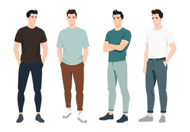 Farklı Kıyafetlerdeki Tarz Adamları. Bu koleksiyon modern moda seçimlerini temsil etmektedir ve dijital tasarım, sosyal medya ve pazarlama kullanımı için idealdir..