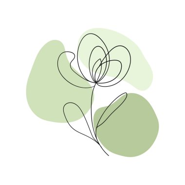 Yumuşak yeşil şekiller üzerinde zarif bir çiçek çizimi. Minimum ve modern botanik tasarımlar için harika.