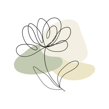 Yumuşak yeşil ve bej soyut şekillerle vurgulanmış, tek bir çizgide çizilmiş narin bir çiçek. Ekolojik ve minimalist tasarımlar için harika.