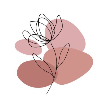 Soyut sıcak kırmızı ve bej şekiller üzerine yumuşak ve sanatsal bir sanat çiçeği çizimi. Sakin, rahat ve modern botanik dekoru için ideal..