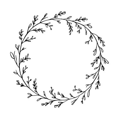 Küçük yaprak aksanlı yumuşak dairesel botanik çelenk, temiz çizgileri ve doğal zarafeti minimalist siyah ve beyaz ile harmanlıyor..