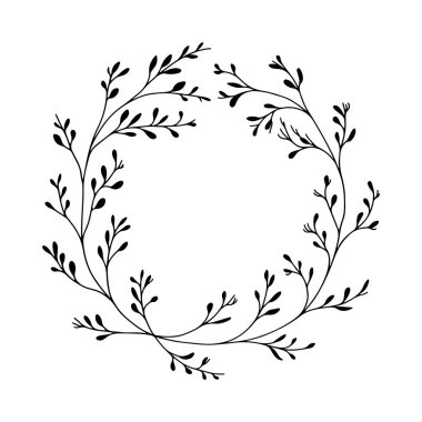 Ayrıntılı dairesel çelenk tomurcuklanan yapraklar ve el çizimi tarzda yabani dallardan oluşur. Logolar ve davetiyeler için mükemmeldir..