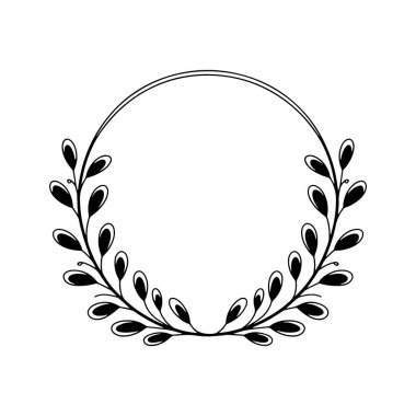 Elle çizilmiş yapraklı dalların oluşturduğu minimal dairesel çerçeve, doğal markalaşma ve düğün davetiyeleri için harika..