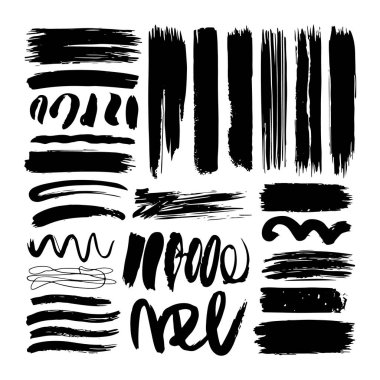 Yaratıcı tasarım için anlamlı çizgiler, dokular ve eğriler içeren sanatsal siyah fırça darbeleri koleksiyonu.