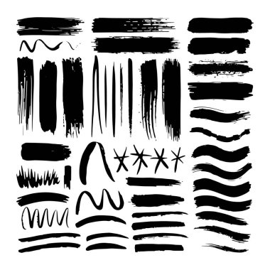 Tasarım kullanımı için sanatsal çizgiler, noktalar, eğriler ve dokular içeren çeşitli mürekkep fırçası darbeleri seti.