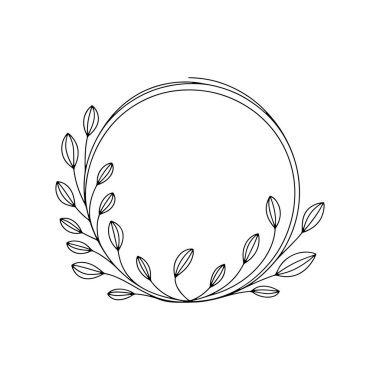 Yukarı doğru eğimli yapraklarla biçimlendirilmiş dairesel çerçeve elle çizilmiş, doğa temalı dekoratif projeler için ideal.