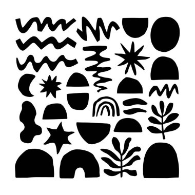 Gökkuşağı, bitki ve yıldızların soyut düz siyah vektör tarzındaki doğal motiflerinin kompakt bileşimi.