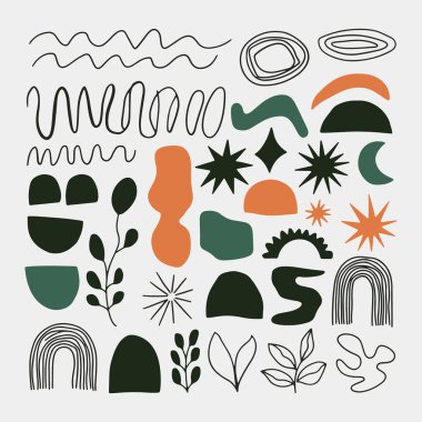 Açık arkaplanda yapraklar, şekiller ve organik formlar olan soyut doğa karalamaları..