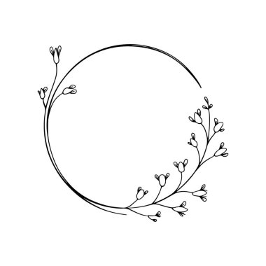 Basit ince çizgi çiçekleri ve zarif negatif alanı olan zarif dairesel bir çerçeve. Markalaşma ya da minimalist düğün davetiyeleri için mükemmel.