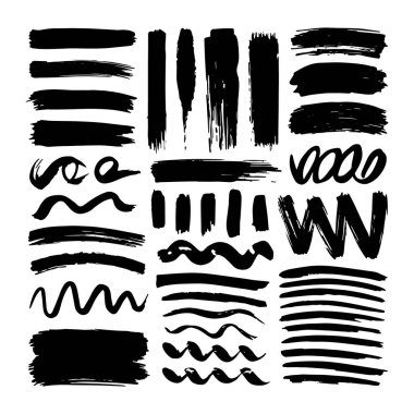 Sanatsal ve dekoratif kullanım için çeşitli fırça şekilleriyle dinamik siyah mürekkep darbeleri ve çizgiler.