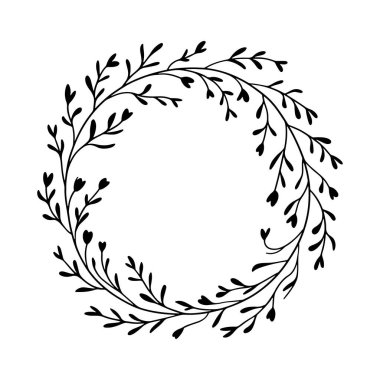 Zarif el yapımı, botanik dalları ve küçük yaprakları akan doğal bir şekilde sıralanmış dairesel bir çelenk..