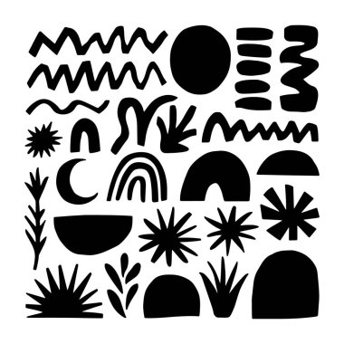 Son derece stilize edilmiş soyut bir yerleşim, koyu siyah vektör içinde bitki siluetleri, dalgalı çizgiler ve güneş elementleriyle dolu..