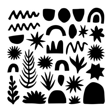 Yapraklar, bitkiler, yıldızlar ve modern düz dizayn şekilleri içeren siyah soyut doğa temalı semboller koleksiyonu.