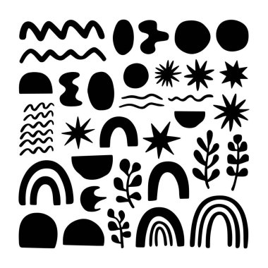 Yoğun soyut siyah bitki şekilleri, güneş motifleri ve geometrik formlar kalın dekoratif desenlerde dizilmiş..