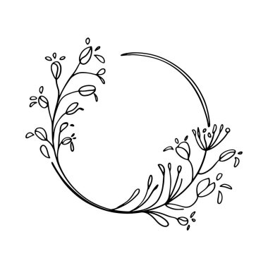Çiçek desenli dairesel çerçeve, çiçek açan elementler ve ince saplı. Düğün tasarımları, kartlar ve zarif markalar için ideal..
