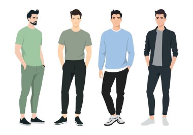 Farklı Kıyafetlerdeki Tarz Adamları. Bu koleksiyon modern moda seçimlerini temsil etmektedir ve dijital tasarım, sosyal medya ve pazarlama kullanımı için idealdir..