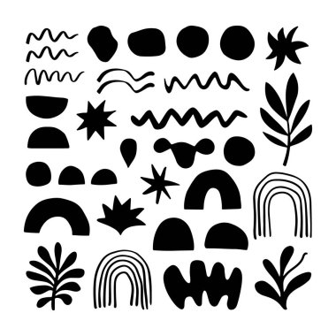 Dalgalar, daireler, yapraklar ve gökkuşağı şeklinde koyu siyah siluetlerle dolu modern soyut vektör deseni.