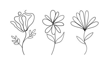 Devamlı çizgi şeklinde çizilmiş biçimlendirilmiş çiçeklerden oluşan yaratıcı bir üçlü. Modern markalaşma, kırtasiye ve minimalist tasarımlar için ideal..