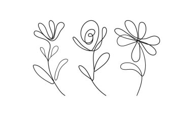 Anlamlı, canlı çizgilerle çizilmiş üç neşeli çiçek. Kırtasiye, markalaşma veya tekstil için mükemmel bir dokunuş..