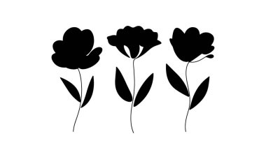 Temiz çizgileri ve basit yaprakları olan üç siyah siluet çiçeğinden oluşan cesur bir set. Çarpıcı tasarım karşıtlıkları ve modern baskılar için ideal.