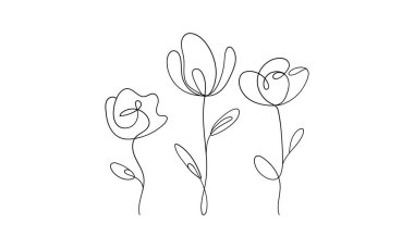 Kapalı taç yaprakları ve akan gövdeleri olan üç kıvrımlı çiçekten oluşan yumuşak bir set. Romantik, soyut bir çiçek çizimi..